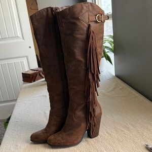 Brown Fringe Knee-High Boots
